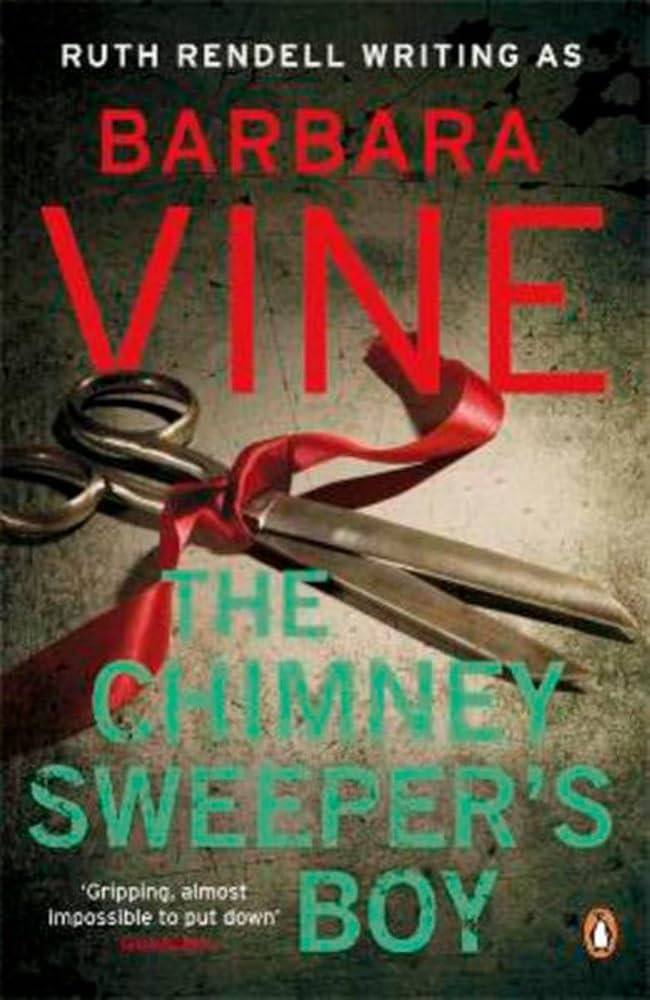 Book cover for The Chimney Sweeper's Boy by Barbara Vine, featuring vintage scissors tied with a red ribbon. AfriReads.