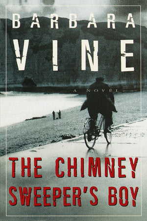 The Chimney Sweeper's Boy by Barbara Vine book cover featuring a man on a bicycle on a road next to water.