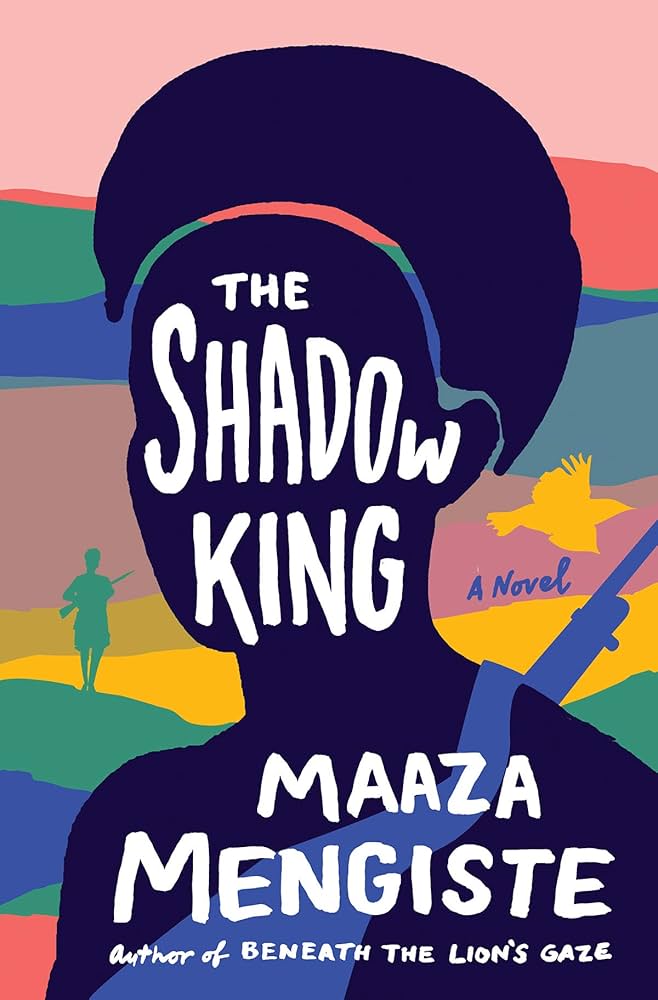 AfriReads: The Shadow King book cover, dark silhouette, colorful background, figure with rifle, and flying bird.