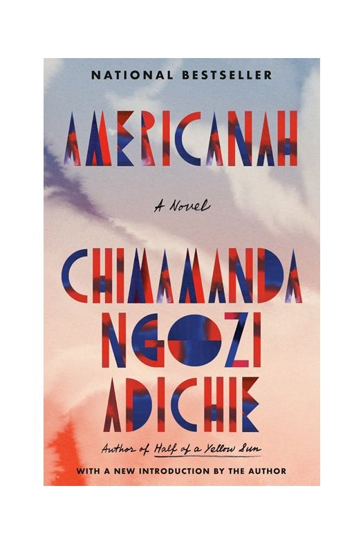 Americanah by Chimamanda Ngozi Adichie book cover. Blue, red, and orange watercolor background with bold, textured lettering.