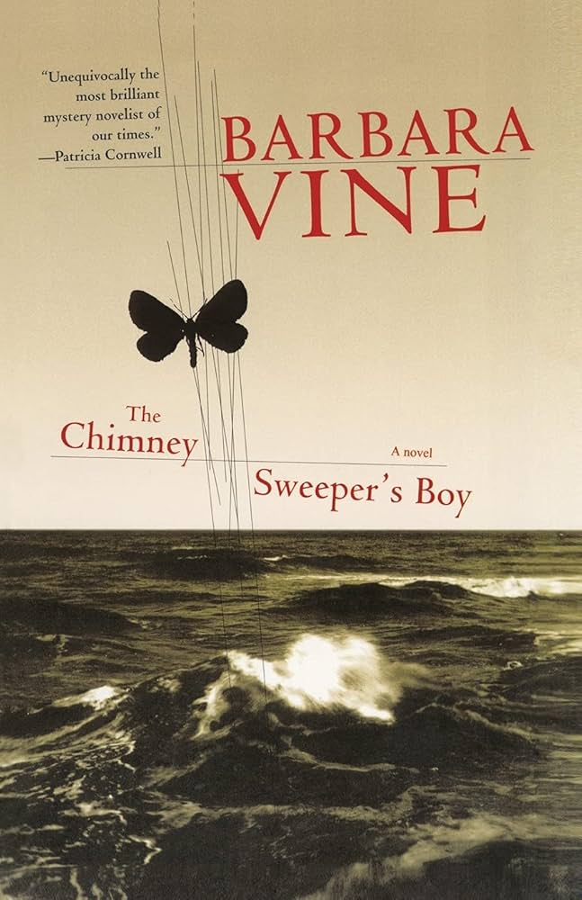 Book cover for 'The Chimney Sweeper's Boy | AfriReads' by Barbara Vine, featuring a black moth puppet over stormy ocean waves.